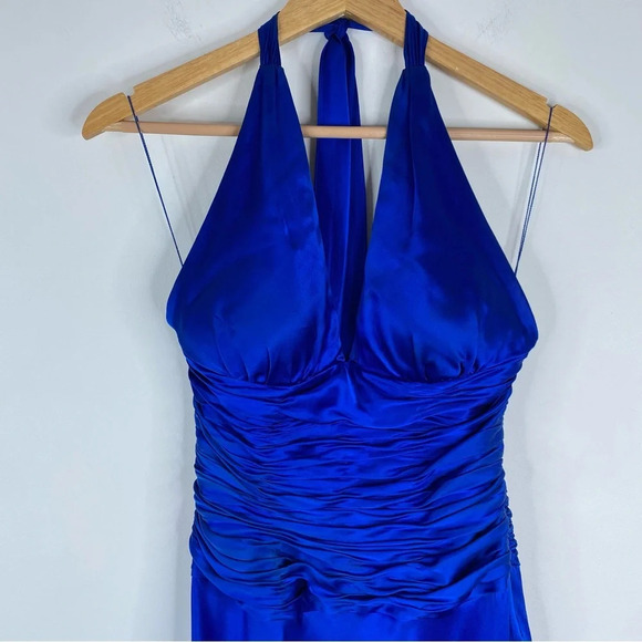 Vintage Cache Silk Dress Halter Scarf Hem Y2K Fairy Retro Ruched Prom Cerulean - Picture 2 of 13